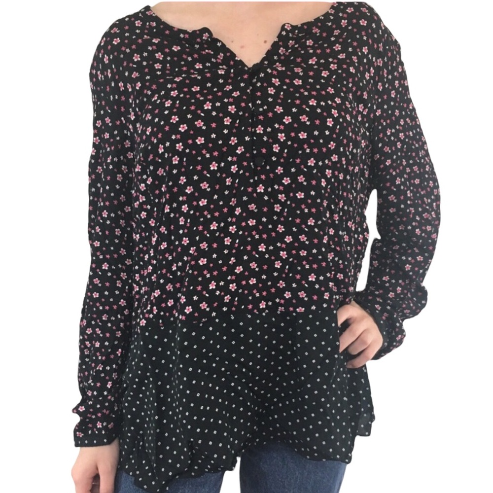 J. Jill Cottagecore Floral Polka Dot Tunic Top Boho Black Pink Size M